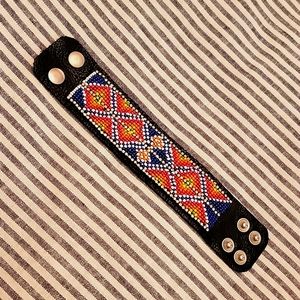 Leather Bead and Rhinestone Cuff